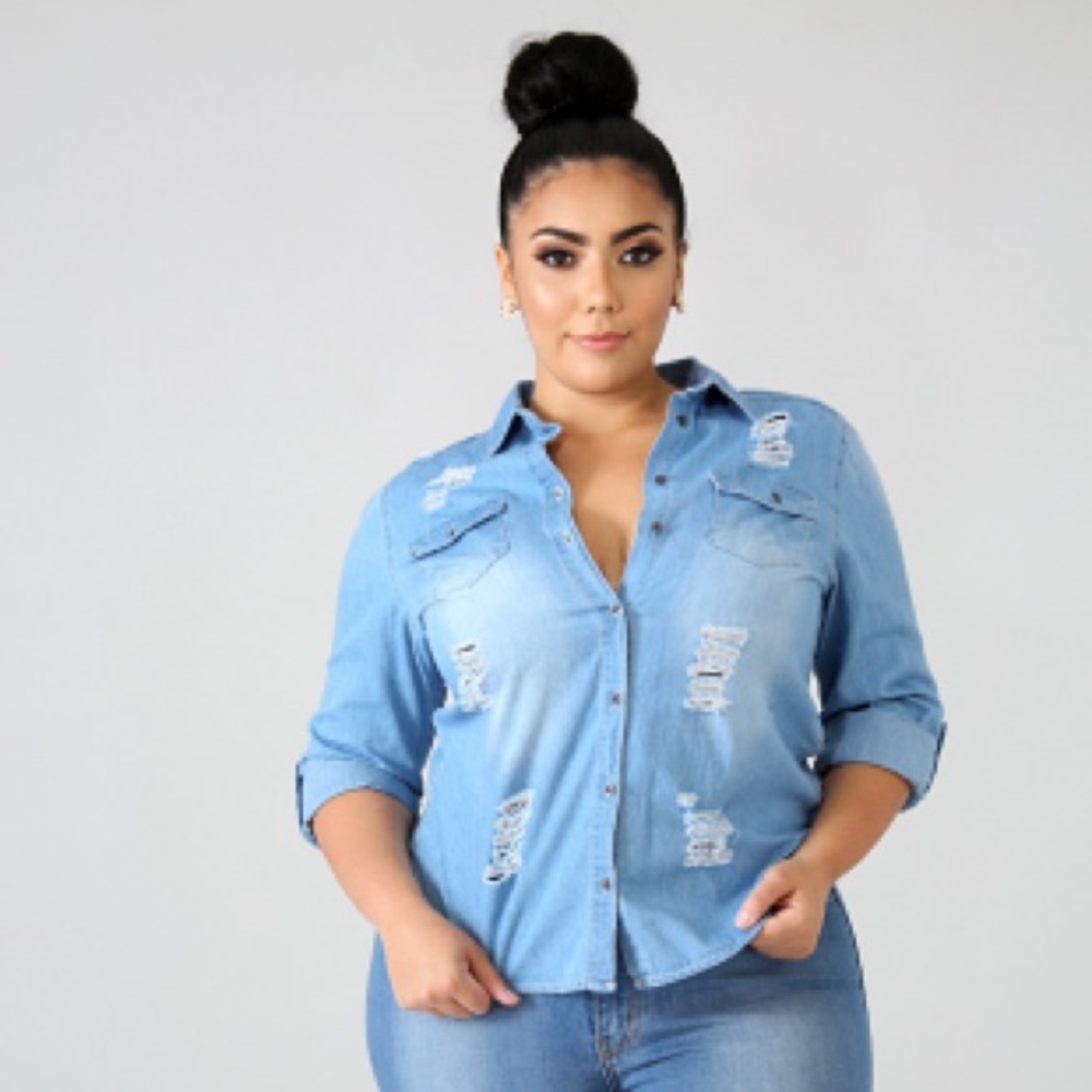 Raw Distressed Denim Top (1X-3X)